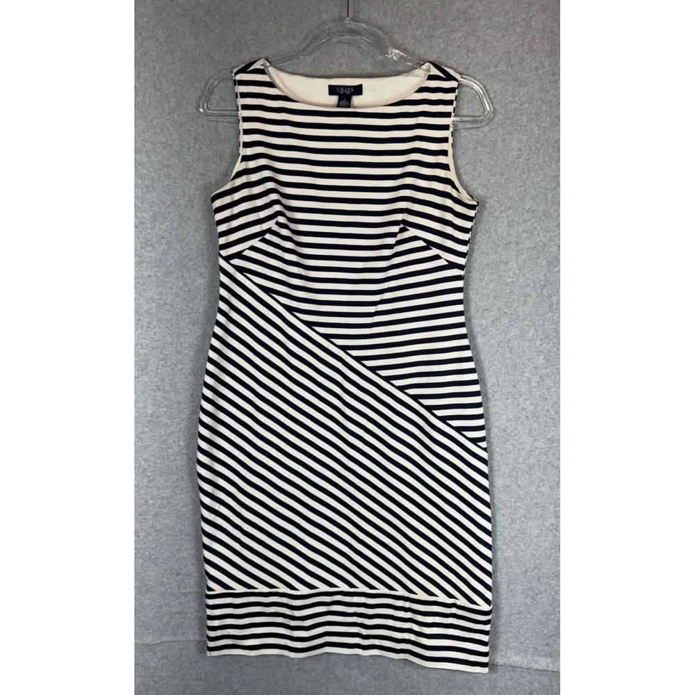 Chaps Dress Womens 6 Navy White Striped Sleeveless Stretch Sheath Classic Career